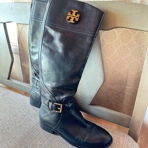 Tory Burch Black Heeled Boots with Gold Logo